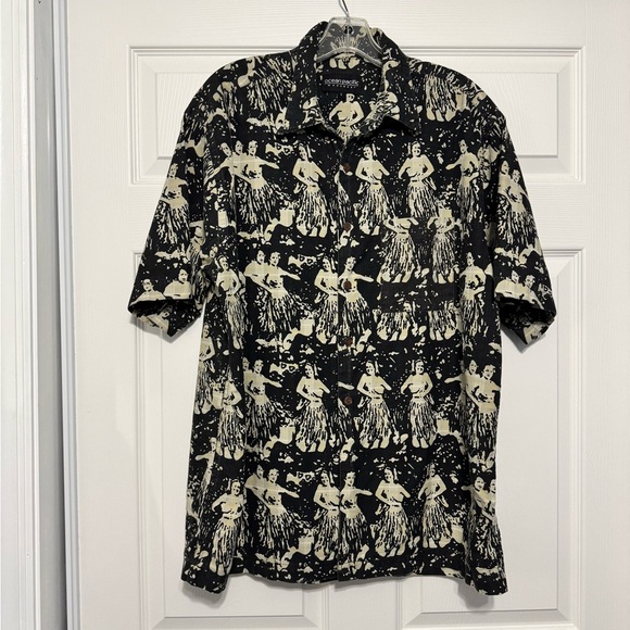 Ocean Pacific Hawaiian Hula Large Shirt Black Button Up Short Sleeves  Pocket - Picture 1 of 7